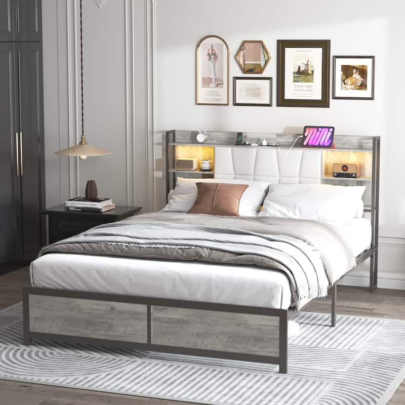 Platform Bed with Upholstered Headboard and Storage, Sturdy Metal Slats Support