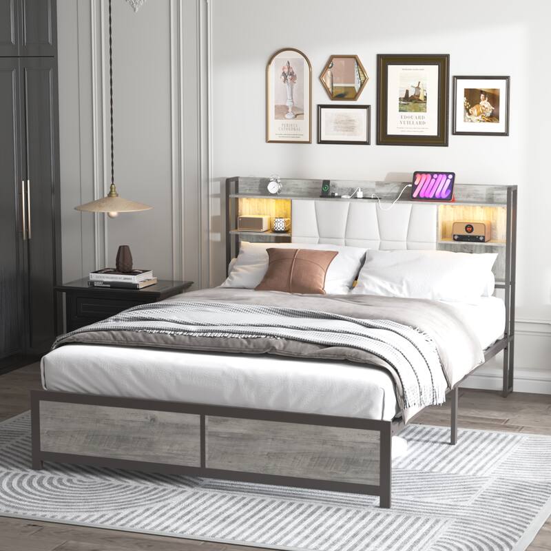 Queen Size Platform Bed with LED Light and Upholstered Headboard