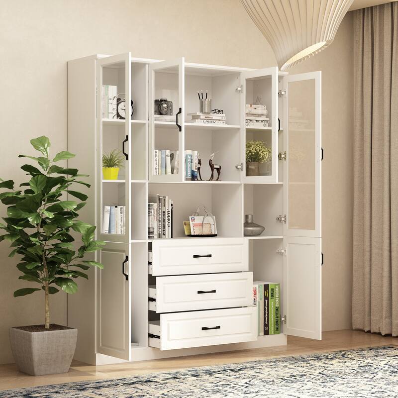 78.7"Modular White Curio Bookcase Cabinet w/Glass Doors Buffet Display