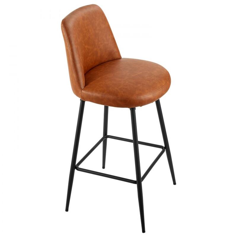 Brown PU Leather Cushion Swivel Counter Height Bar Stool with Iron Pipe Frame and Footrest for Kitchen Island