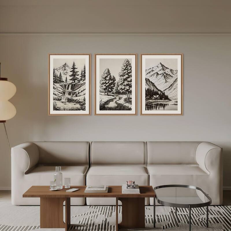 Vintage Mountain Sketch Framed Canvas Wall Art Set
