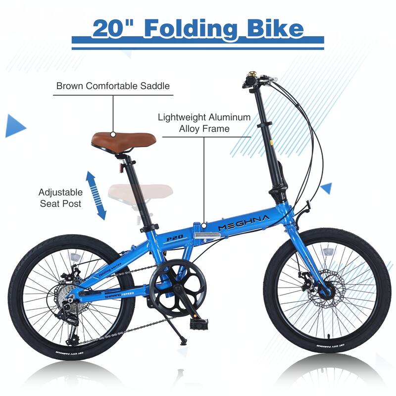 20" Lightweight Aluminum Frame,7-Speed Folding City Bike,Blue