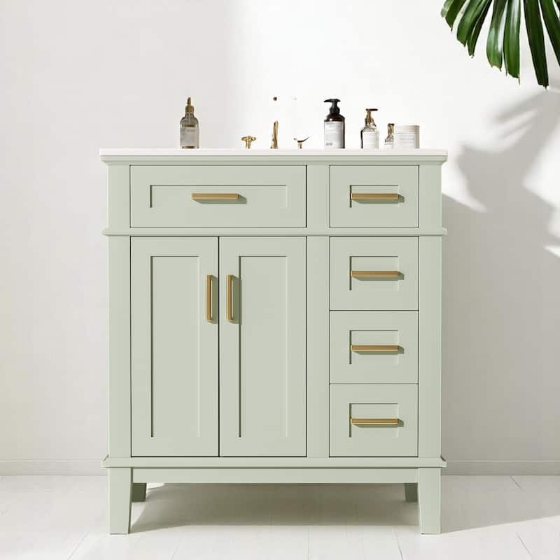 30" Bathroom Vanity with Ceramic Sink, Deep Drawer, Gold Handles & Soft-Close Doors - Modern Storage Cabinet - Green