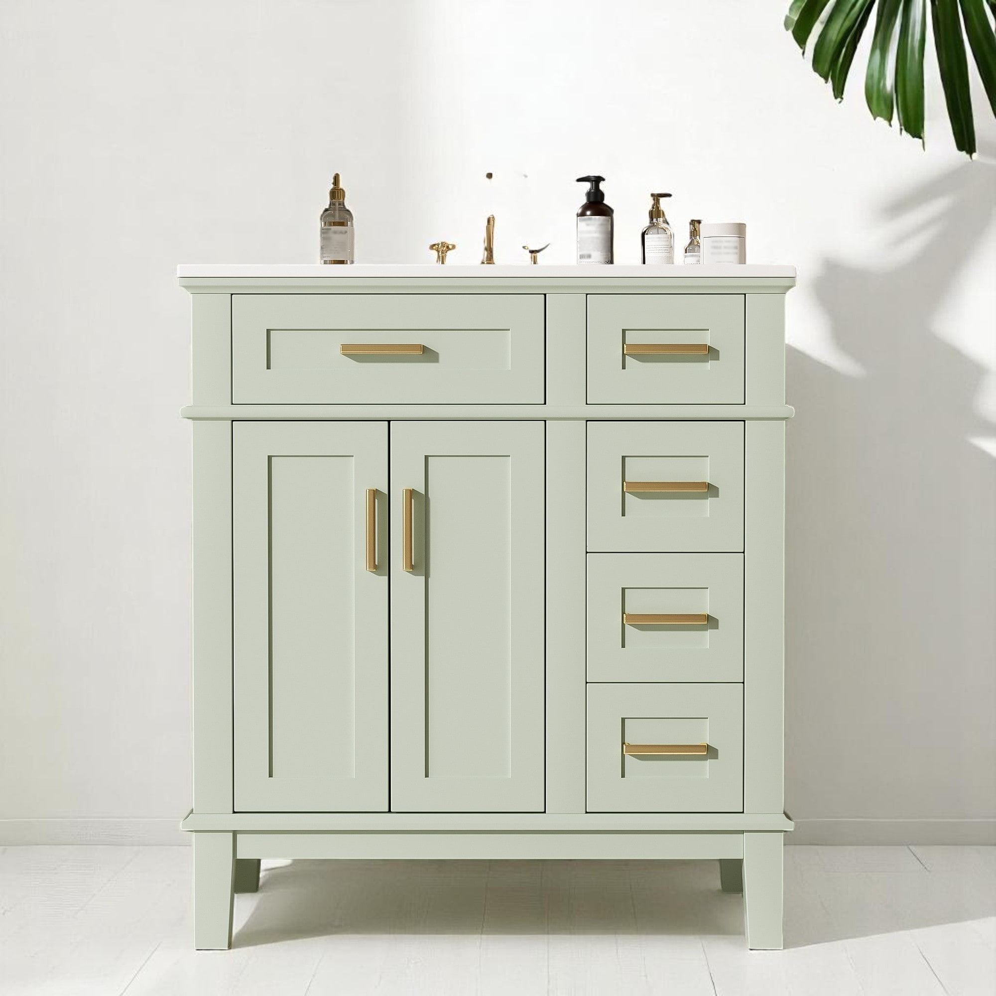 30" Bathroom Vanity with Ceramic Sink, Deep Drawer, Gold Handles & Soft-Close Doors - Modern Storage Cabinet