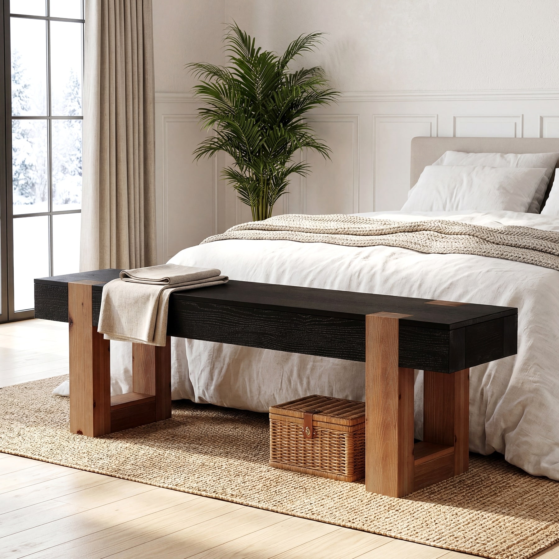 55 Inch Solid Wood Shoe Bench for Entryway, Long Rustic Bench for Bedroom End of Bed, Hallway, Living Room