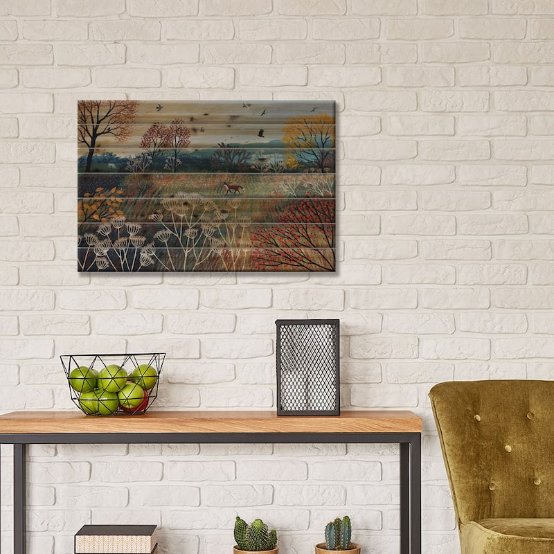 Across Autumn Meadow Print On Wood by Jo Grundy - Multi-Color
