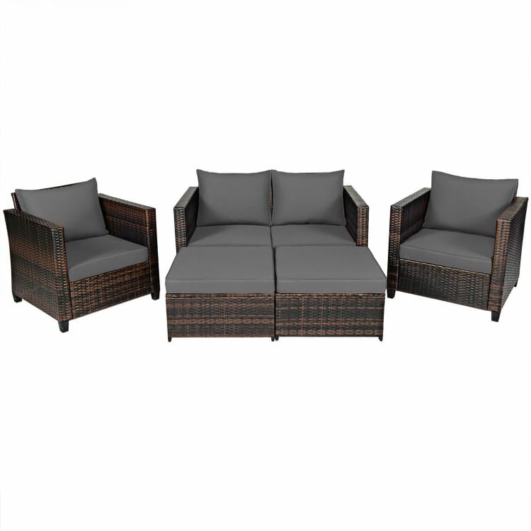 5 Pieces Patio Cushioned Rattan Furniture Set - 50" x 30.5" x 29" (L x W x H)