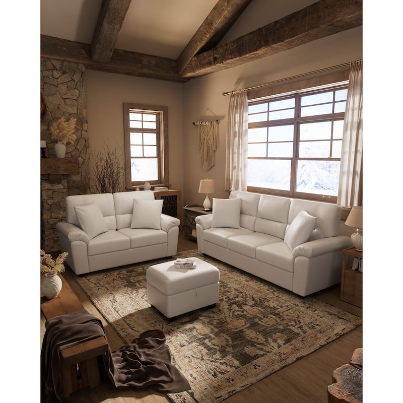 Upholstered Living Room Set, 3 Pieces - Faux Leather Loveseat, Sofa with Ottoman