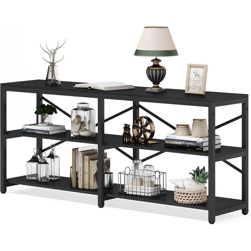 70.9"Industrial 3-Tier Extra Long Console Table with Storage Shelves & Metal Frame & X-Back Design
