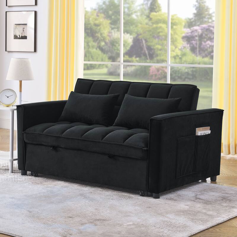 Black 53.94" Velvet 3 in1 Loveseat Pull-Out Sofa Bed withTwo Side Pockets and Adjustable Backrest for Living Room