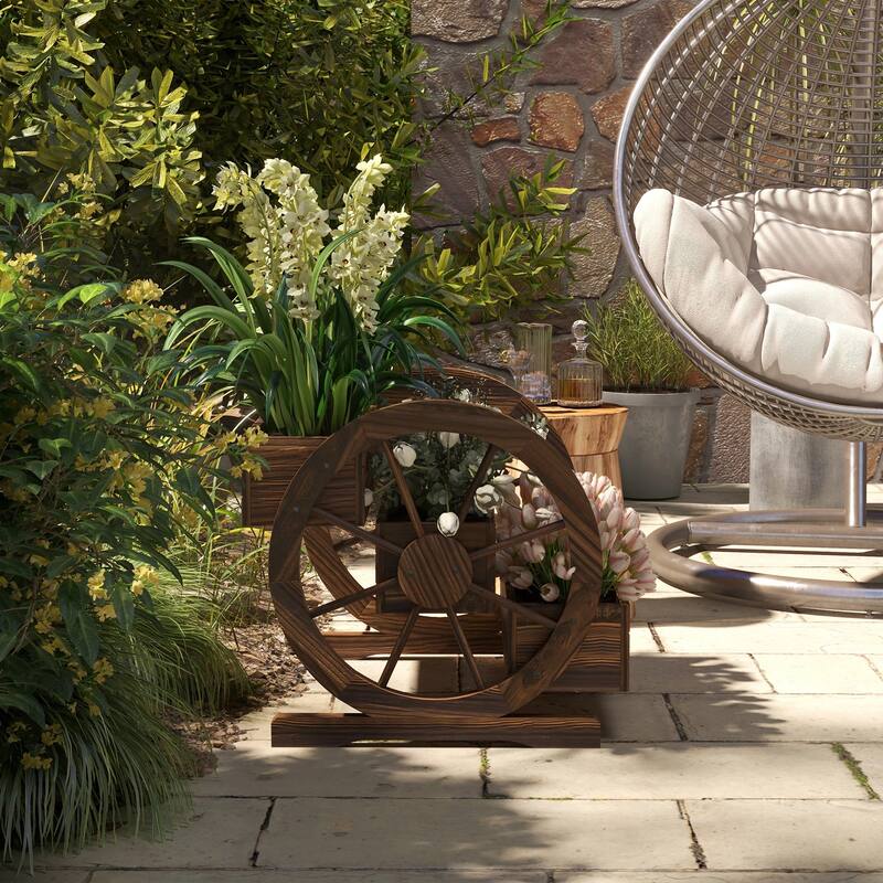 Carbonized Fir Wood Raised Planter with Wagon Wheel Design