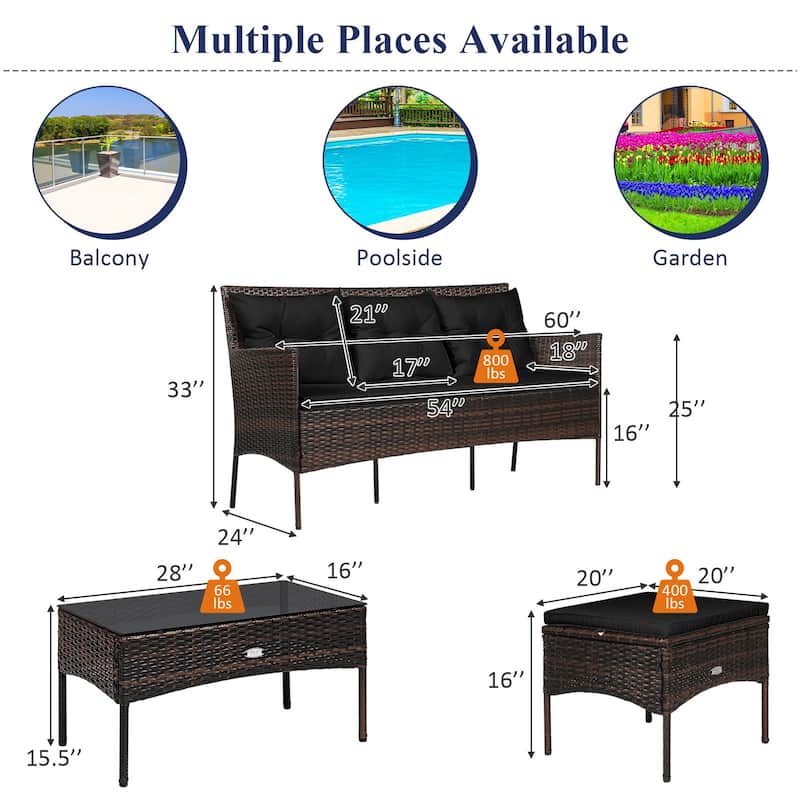 Gymax Set of 3 3-Seat Sofa Cushioned Table Rattan Furniture Set Garden