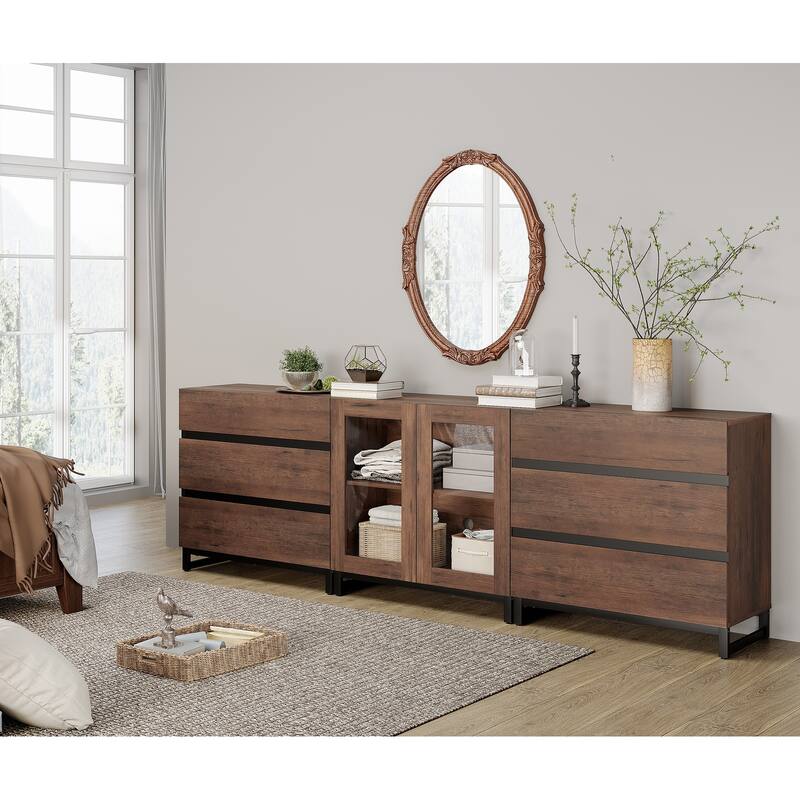 WAMPAT 3 in 1 Multifunctional Dresser with Glass Doors and 6 Drawers, Modern Chest of Drawers for Bedroom