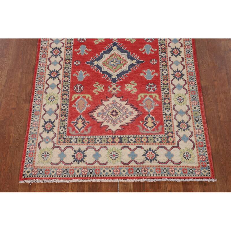Geometric Kazak Accent Rug Handmade Red Wool Carpet - 3'4" x 5'0"