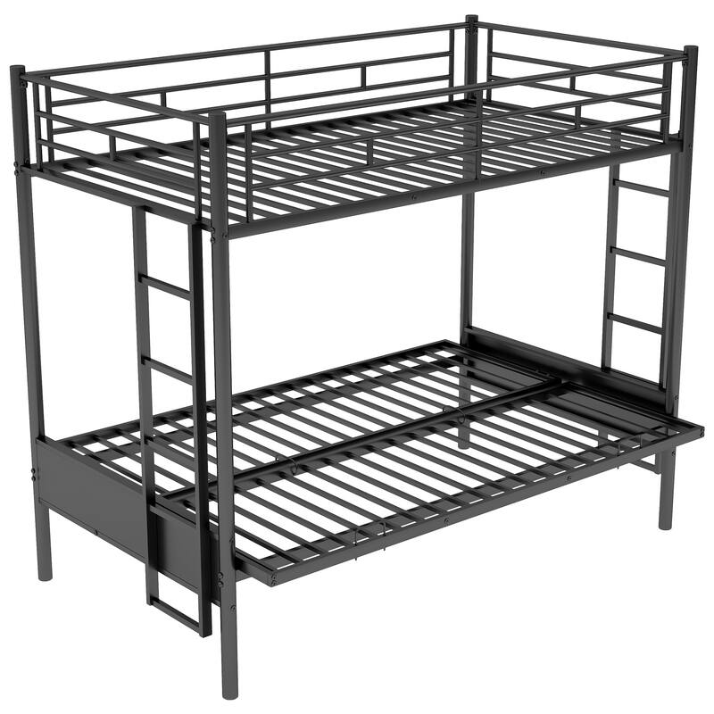 Black Twin over Full Metal Bunk Bed with Fence and Multi-Function Design