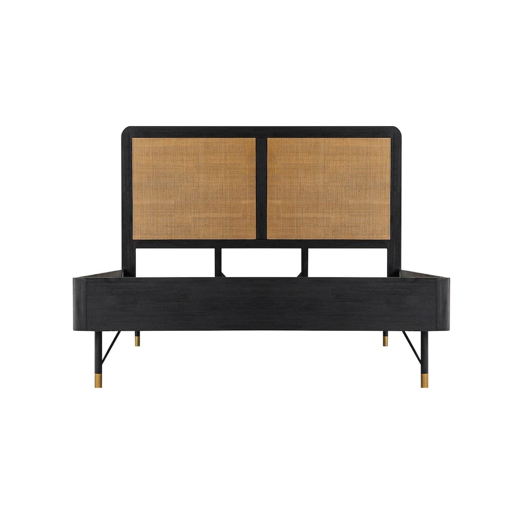 Modern Platform Bed Frame with Headboard - Black Acacia Wood Bed