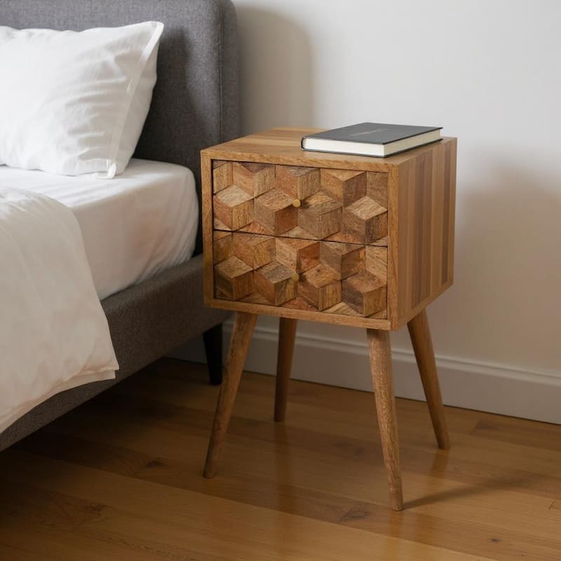 HomeRoots 24" Natural Solid Wood Carved Geometric Two Drawer Nightstand - Natural - 2-drawer