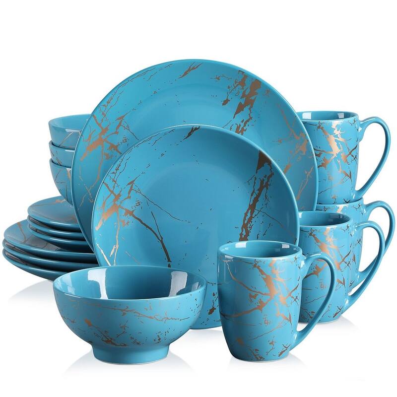 LOVECASA 16-Piece Porcelain Color Glaze with Gold Dinnerware Set