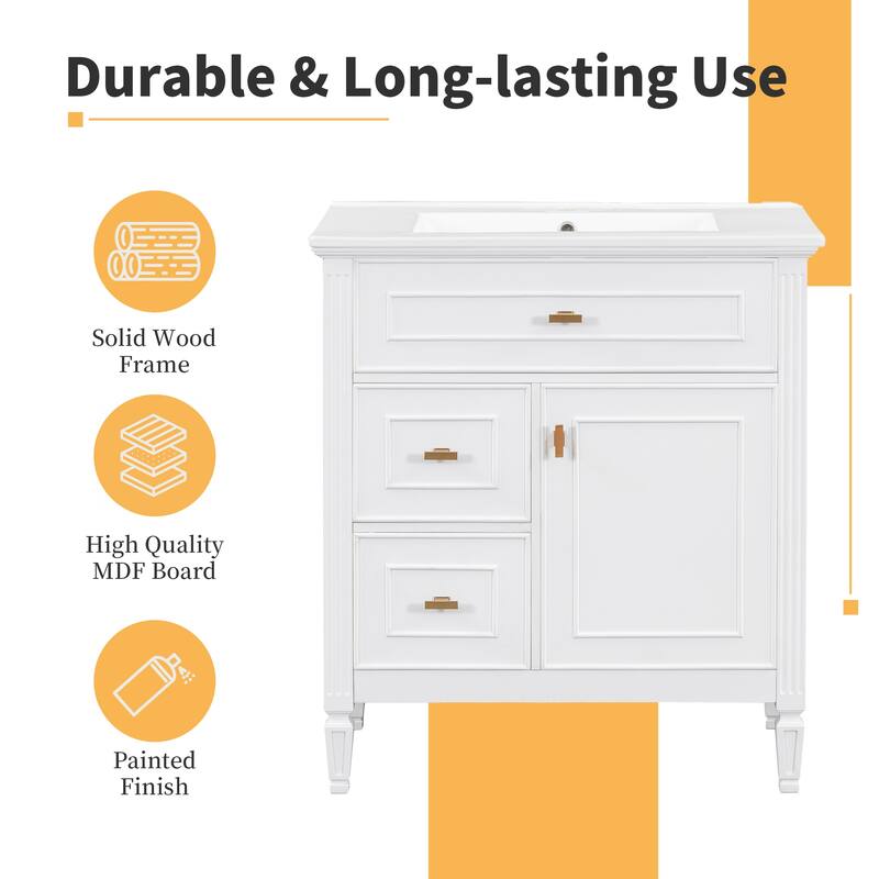 Roomfitters 30" Bathroom Vanity with Ceramic Sink, Solid Wood Frame with Flip Drawer, 2 Side Drawers & Adjustable Shelf