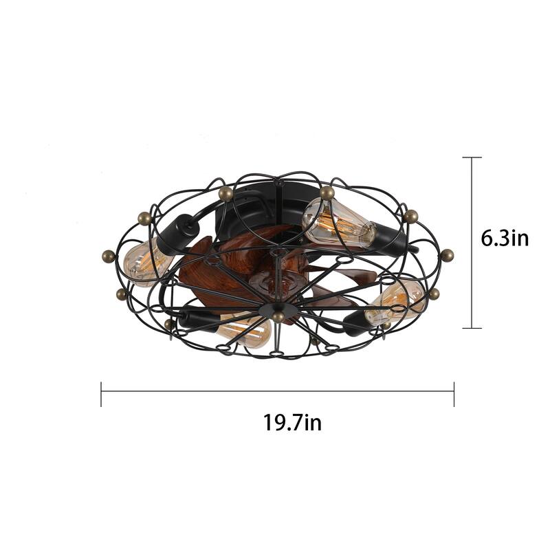 Modern Flush Mount Ceiling Fan Light with Light and Remote Control, Cage Design for Bedroom and Living Room