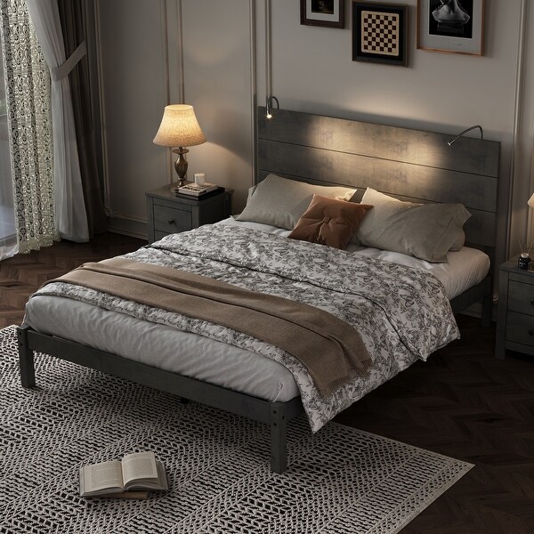 Queen Size Platform Bed with Built in Bedside Lights and Sturdy Wooden Frame Antique Grey