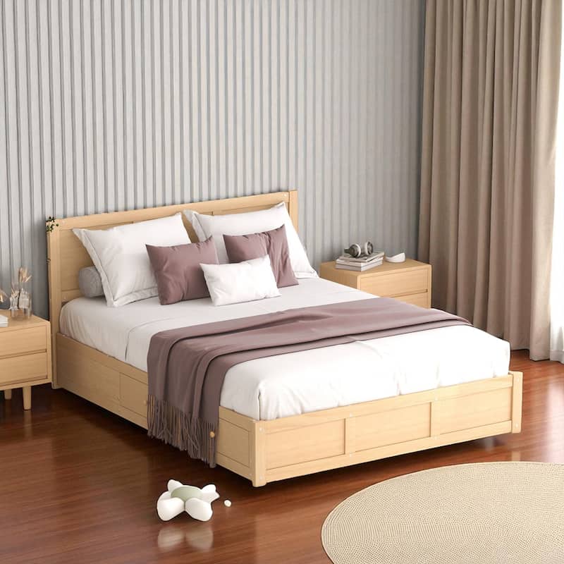 Full/Queen Size Wood Platform Bed with Headboard, 2 Drawers, Extra Storage Space & Sturdy Slats - Natural - Queen