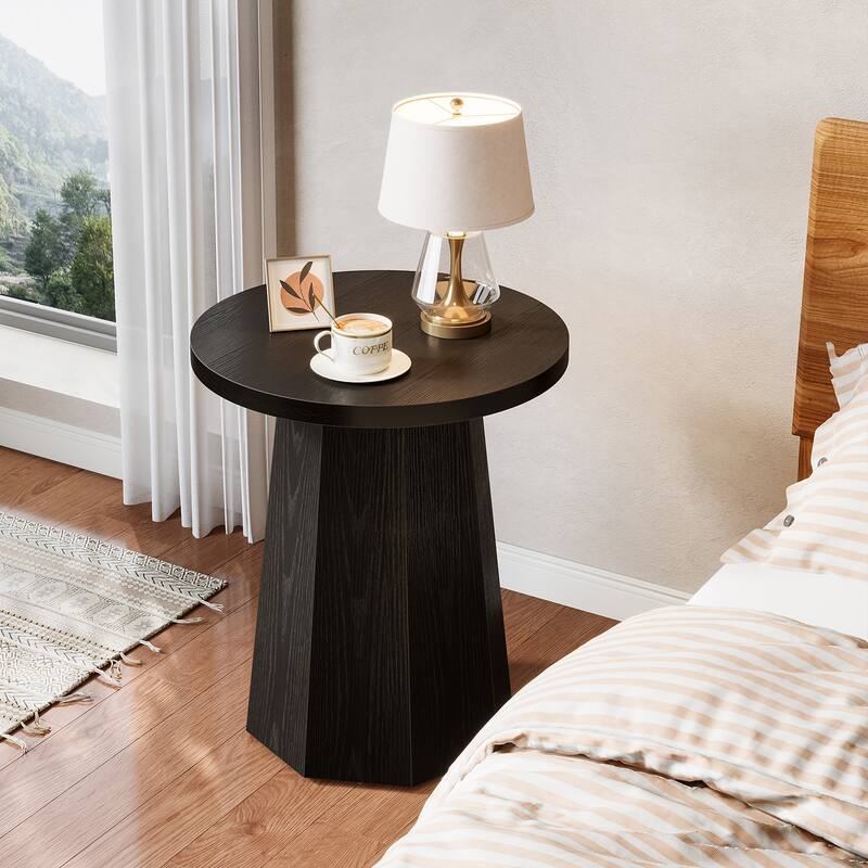 Farmhouse Wood Round End Side Couch Table with Octagonal Base
