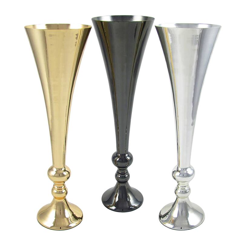 Silver Metal Flute Trumpet Tabletop Flower Vase Decorative Centerpiece 20in