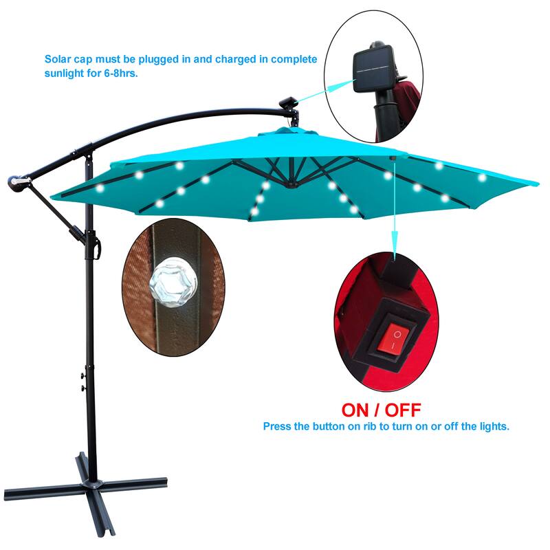 Outdoor Patio Umbrella Solar Powered LED Lighted Sun Shade Market Waterproof 8 Ribs Umbrella with Crank and Cross Base
