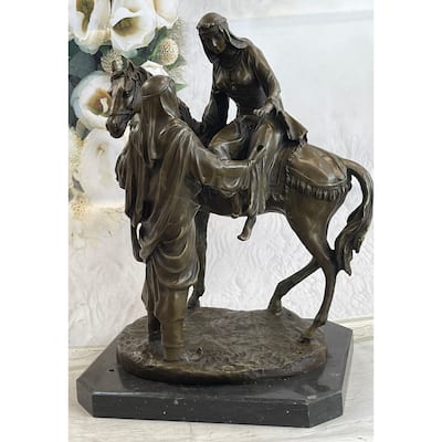 Large Arabian Man Helping His Wife Bronze Marble Base Sculpture Statue By Mene