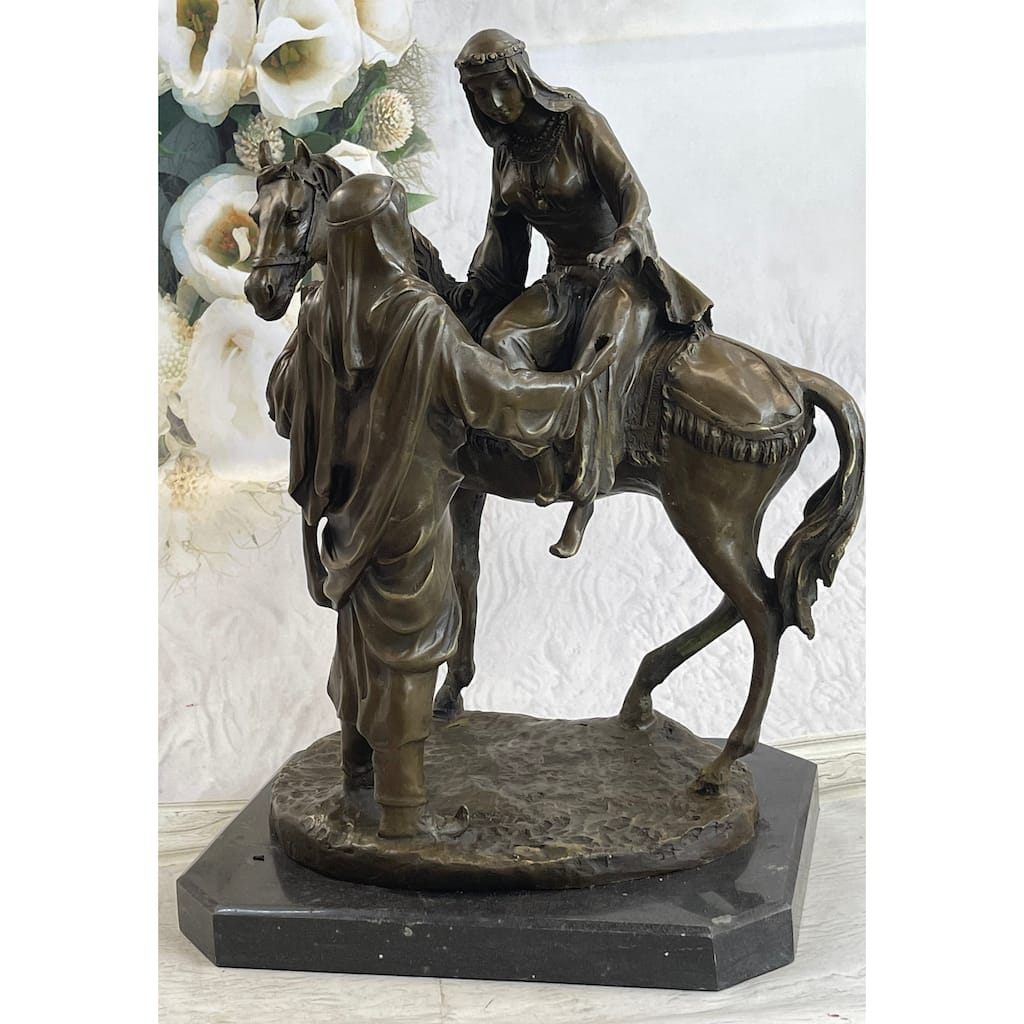 Large Arabian Man Helping His Wife Bronze Marble Base Sculpture Statue By Mene