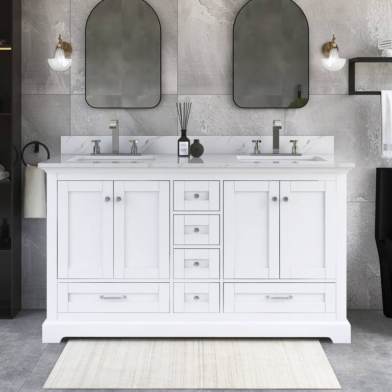 60 inch Plywood Double Sink Freestanding Bath Vanity with White Marble Top - 60" x 22" - White