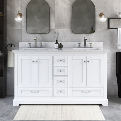 60 inch Plywood Double Sink Freestanding Bath Vanity with White Marble Top - 60" x 22"