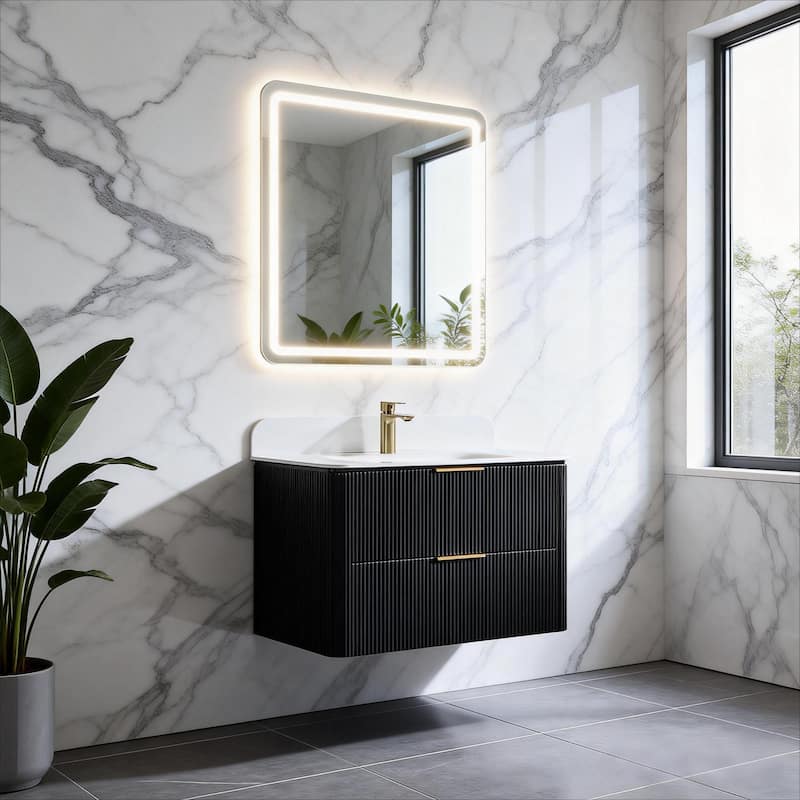 Modland Fluted Floating Vanity with Sink, Plywood Wall Mount Cabinet, Curved Edge, 24/30/36 Inch