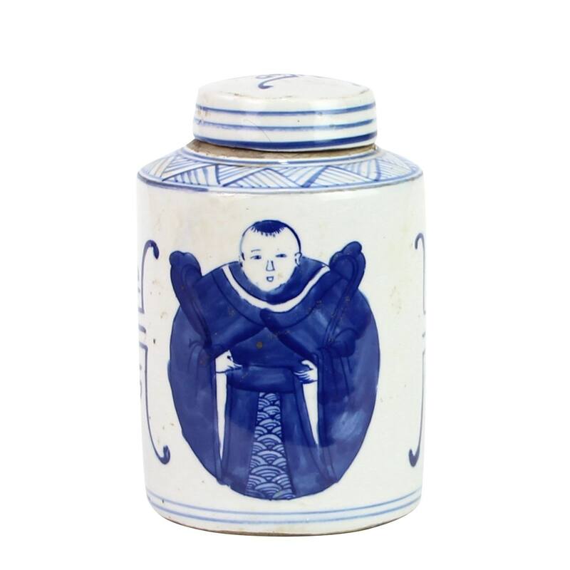 Blue And White Mini Tea Jar Ancient Scholar