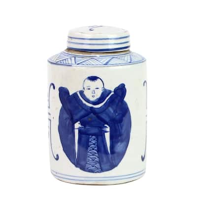 Blue And White Mini Tea Jar Ancient Scholar