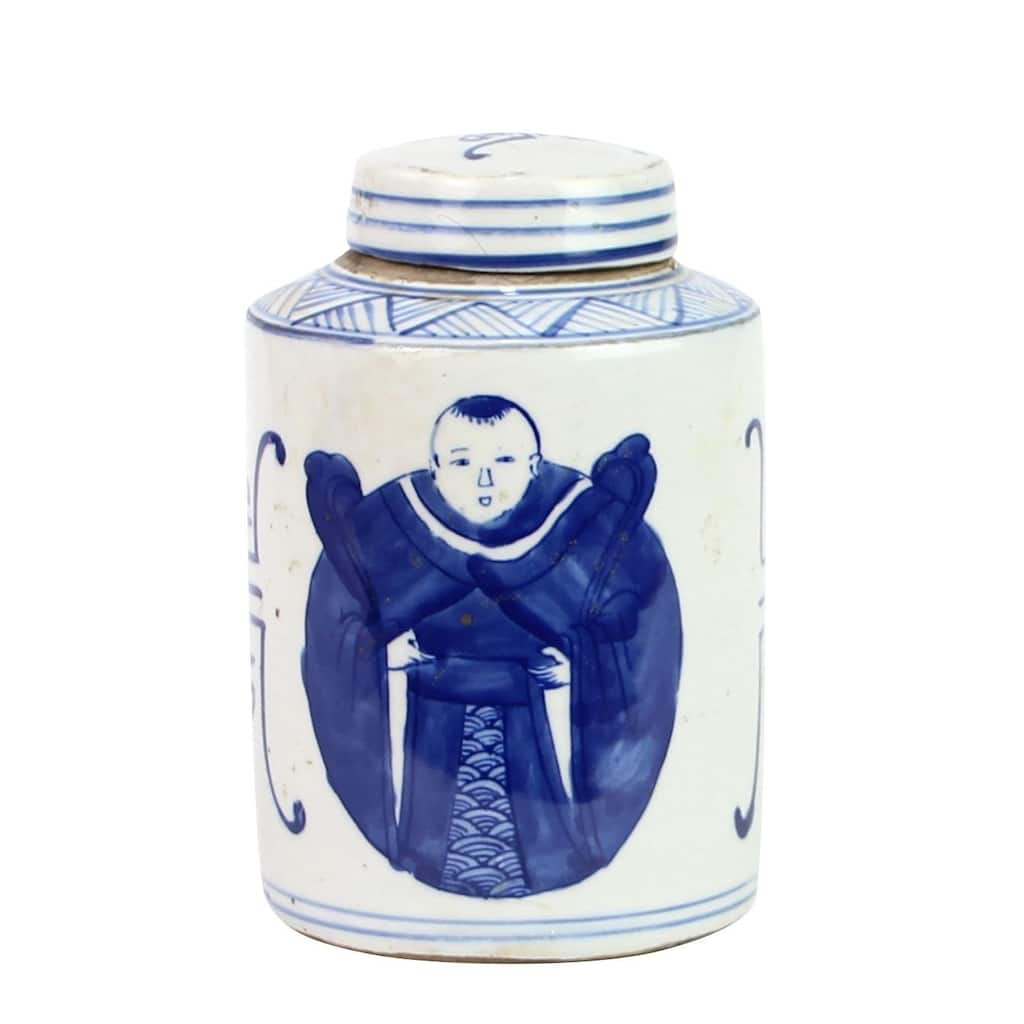 Blue And White Mini Tea Jar Ancient Scholar