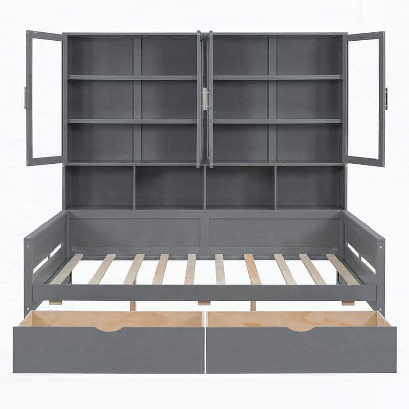 Wooden Daybed with Glass-Door Storage Cabinets and Built-in LED Lighting