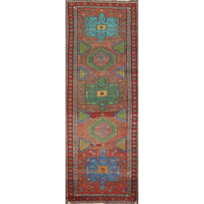 Hand Knotted Oriental 100% Wool Carpet Traditional Geometric Oranges & Rust Heriz Runner Rug - 9' 11'' X 3' 1''