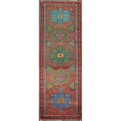 Hand Knotted Oriental 100% Wool Carpet Traditional Geometric Oranges & Rust Heriz Runner Rug - 9' 11'' X 3' 1''