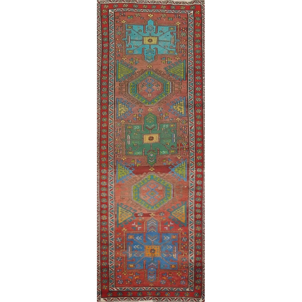 Hand Knotted Oriental 100% Wool Carpet Traditional Geometric Oranges & Rust Heriz Runner Rug - 9' 11'' X 3' 1''