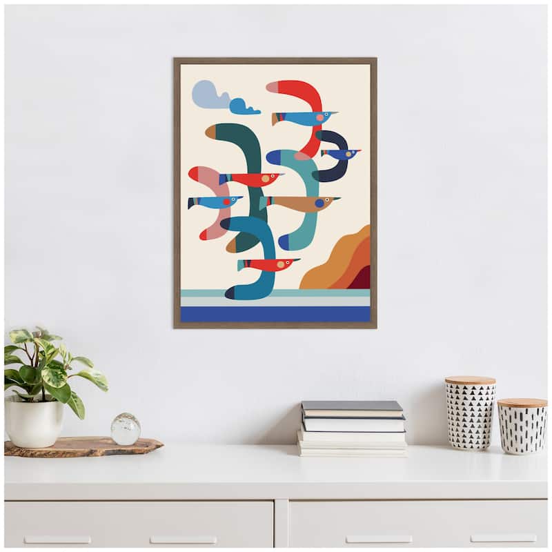 Kate and Laurel Seagulls Coastal Vibes by Rachel Lee Framed Canvas Wall Art Print