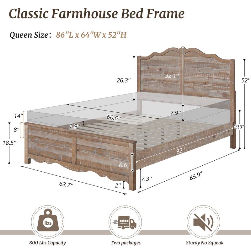 Modern Bed Solid Wood Platform Bed Frame Queen/King Size Bed with Headboard and Wood Slat Support for Bedroom