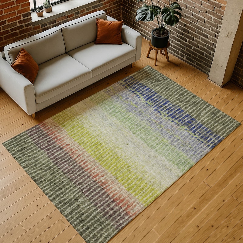 Machine Washable Indoor/ Outdoor Contemporary Stripes Chantille Rug
