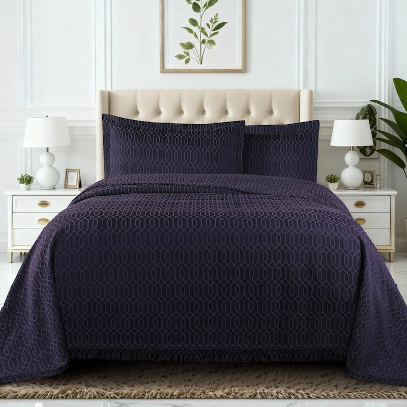 Blue Nile Mills Geometric Jacquard Cotton Blend 3-Piece Bedspread Set with Fringe - Navy - Twin