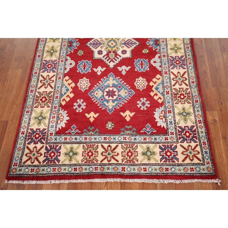 Red Geometric Kazak Oriental Foyer Rug Hand-Knotted Wool Carpet - 3'4" x 5'6"