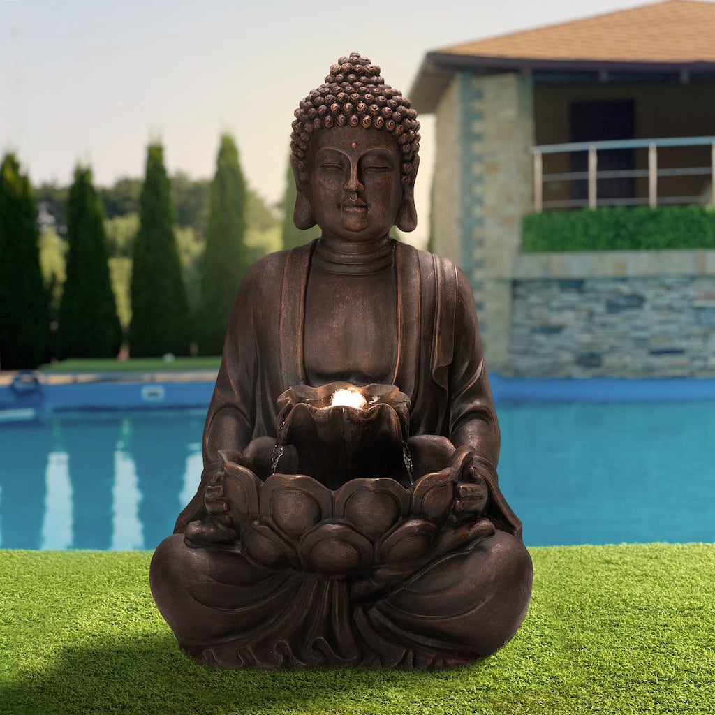 Glitzhome Meditating Buddha Patio Floor Fountain with Lotus and LED