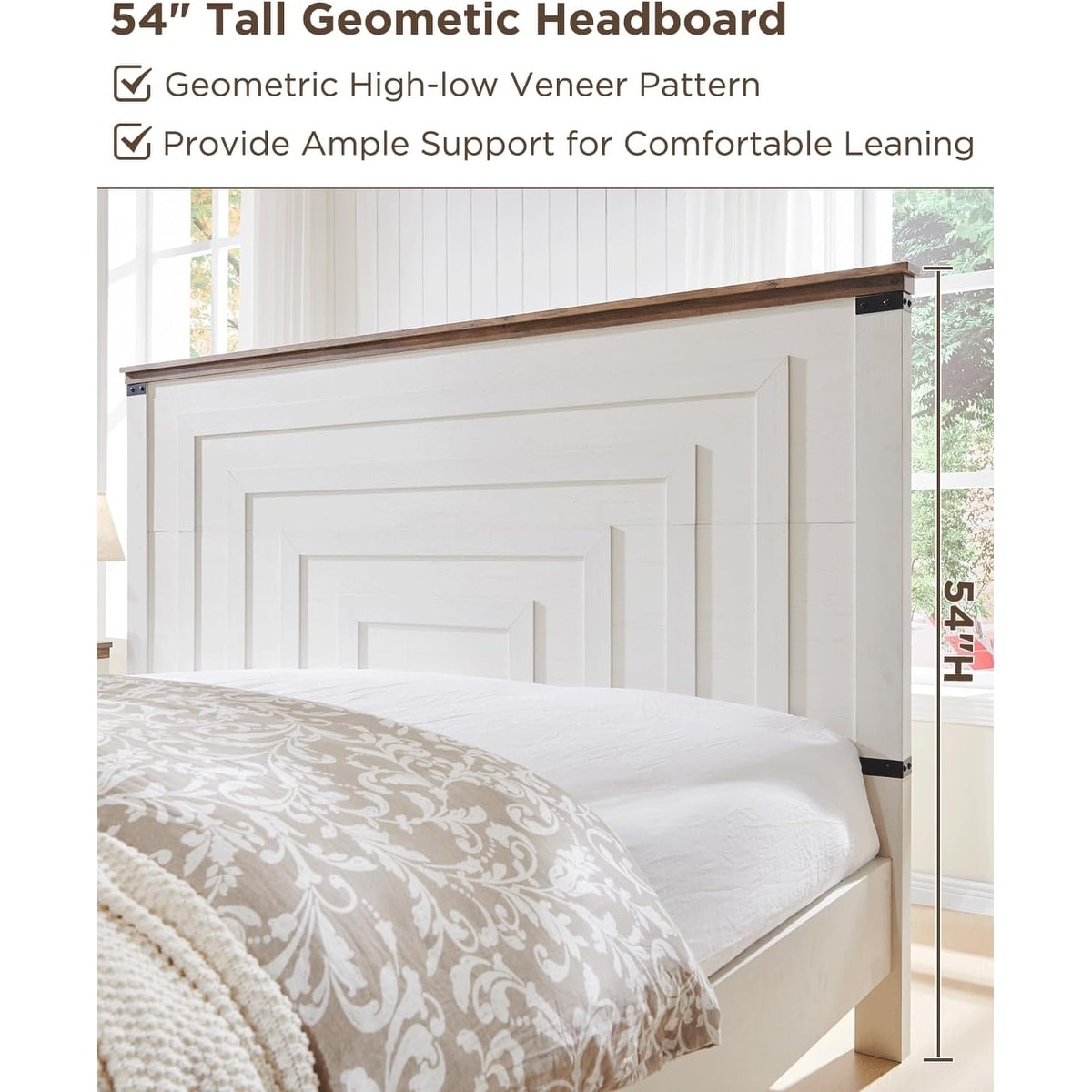 Farmhouse Wood Bed Frame with 54" Tall Headboard, 2 Large Drawers