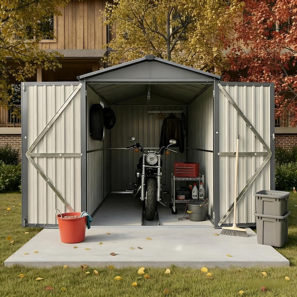 Motorcycle Outdoor Steel Storage Shed With Window ,tracks and fixtures,Grey