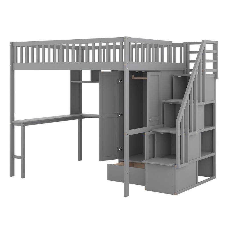 Loft Bed with Bookshelf,Drawers,Desk,and Wardrobe